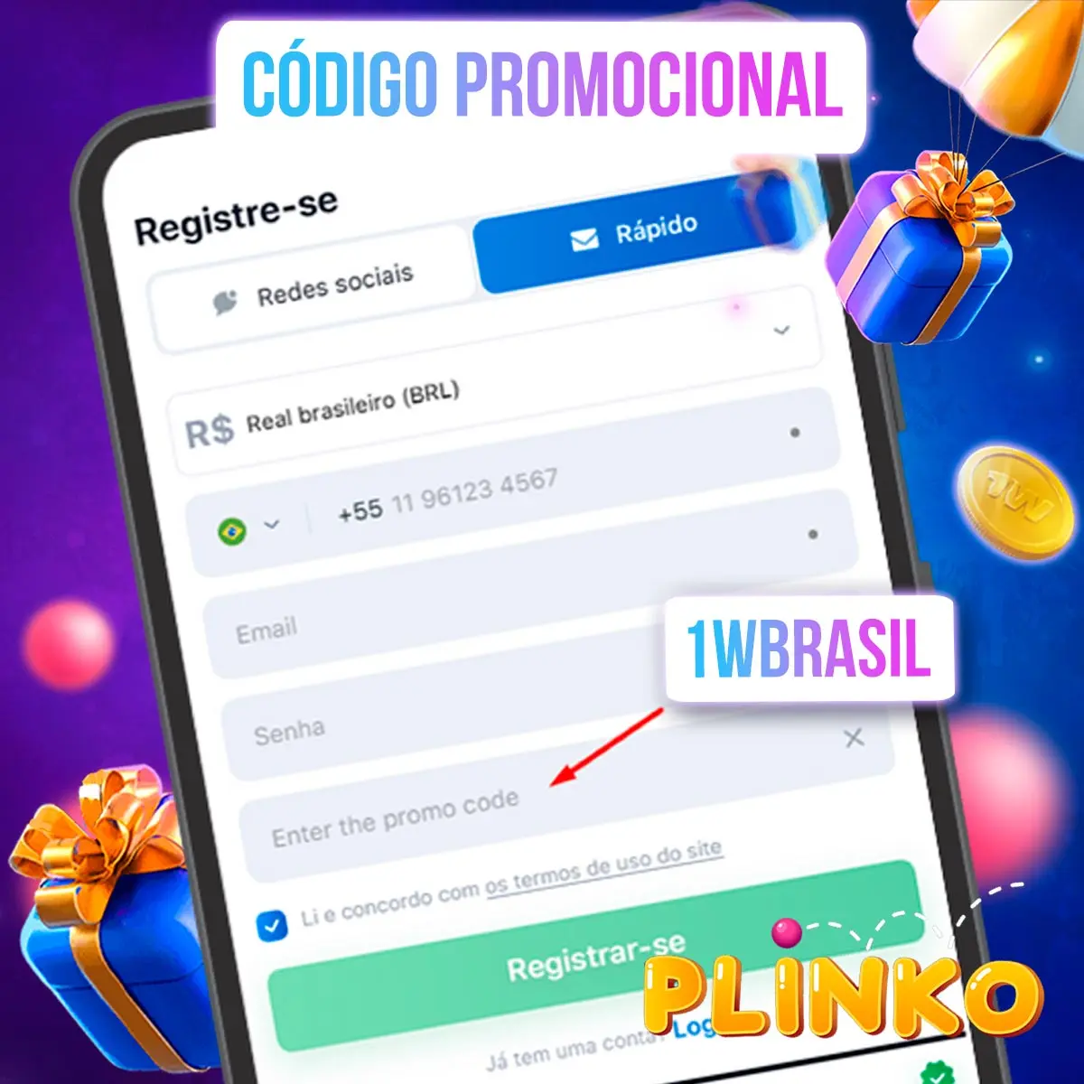 Código promocional para obter bônus para o Plinko 1win