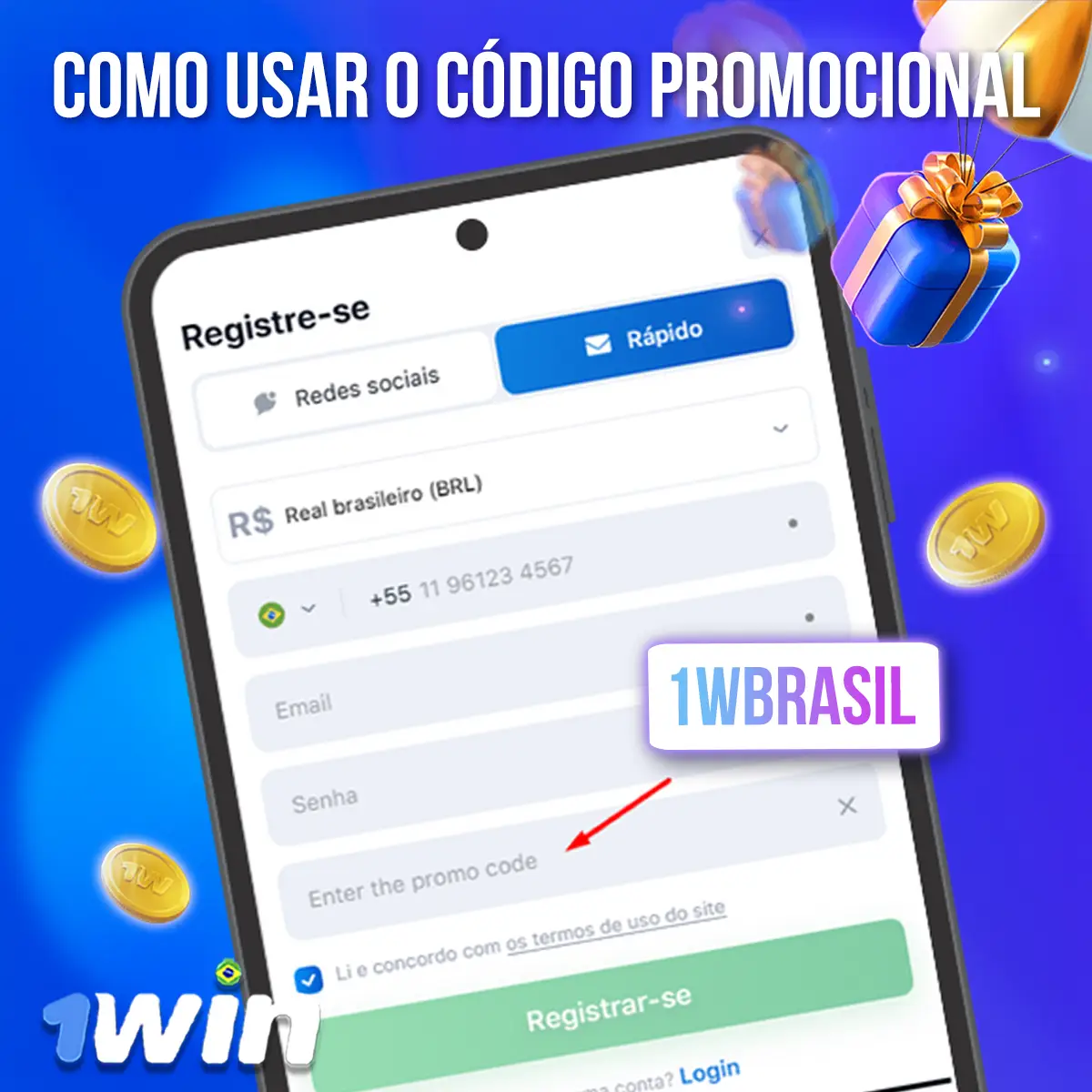 Para ativar o código promocional, você precisa se registrar no site do 1Win